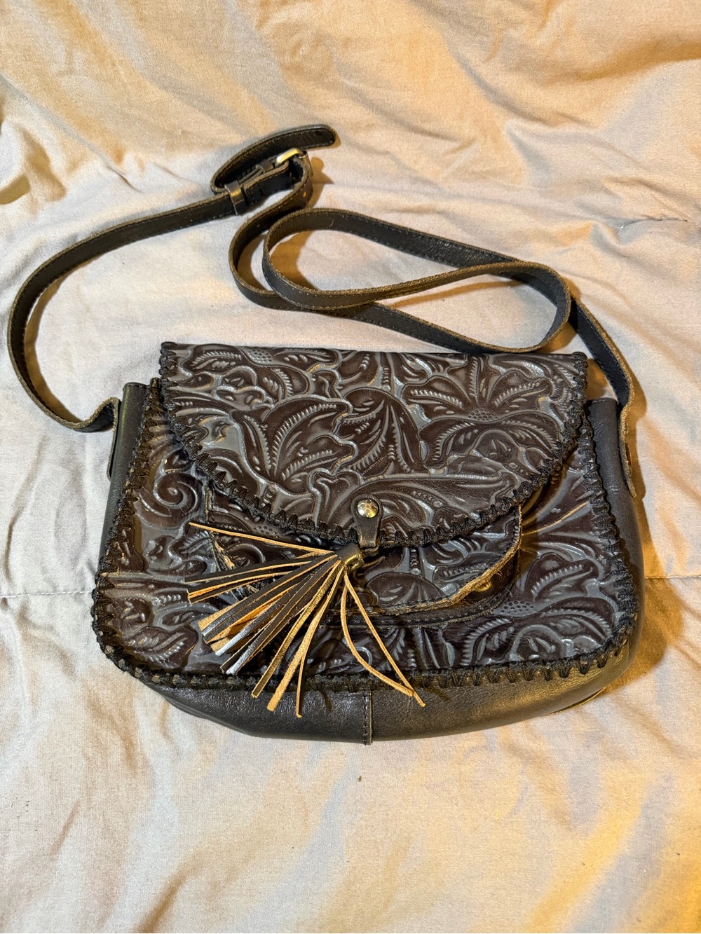 Patricia Nash Dark Brown Tooled Leather Crossbody with Tassel